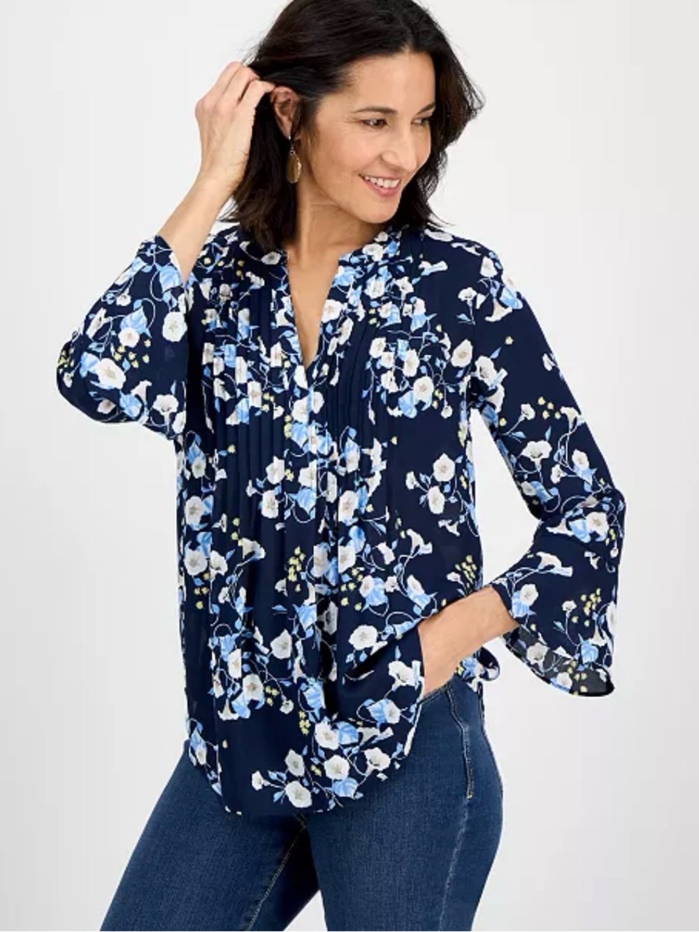 Style & Co Women's Printed Pintuck Ruffle Sleeve Top Blue Floral Blouse Small